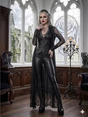 Gothic Lace-Trim Black Faux Leather And Mesh Trench coat